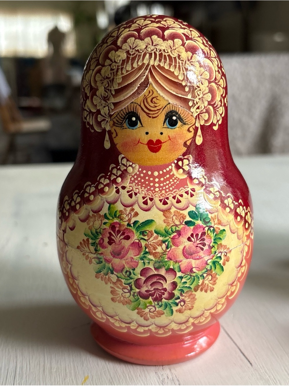 Decorative Hand-Painted Matryoshka Doll in Red and Cream